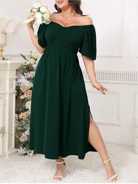 New - Dark Green Maxi Dress with Side Slit